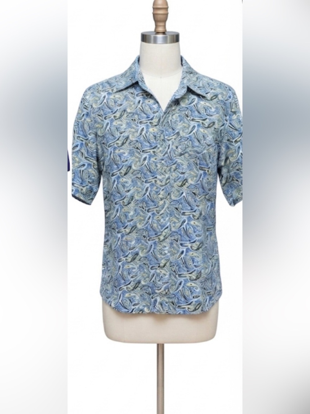 Bobby Chan Light Blue 55% Silk Paisley Short-Sleeve Button-Down Shirt XL